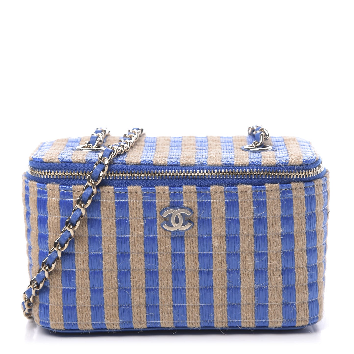 Raffia Jute Striped Small Vanity Case With Chain Blue Beige