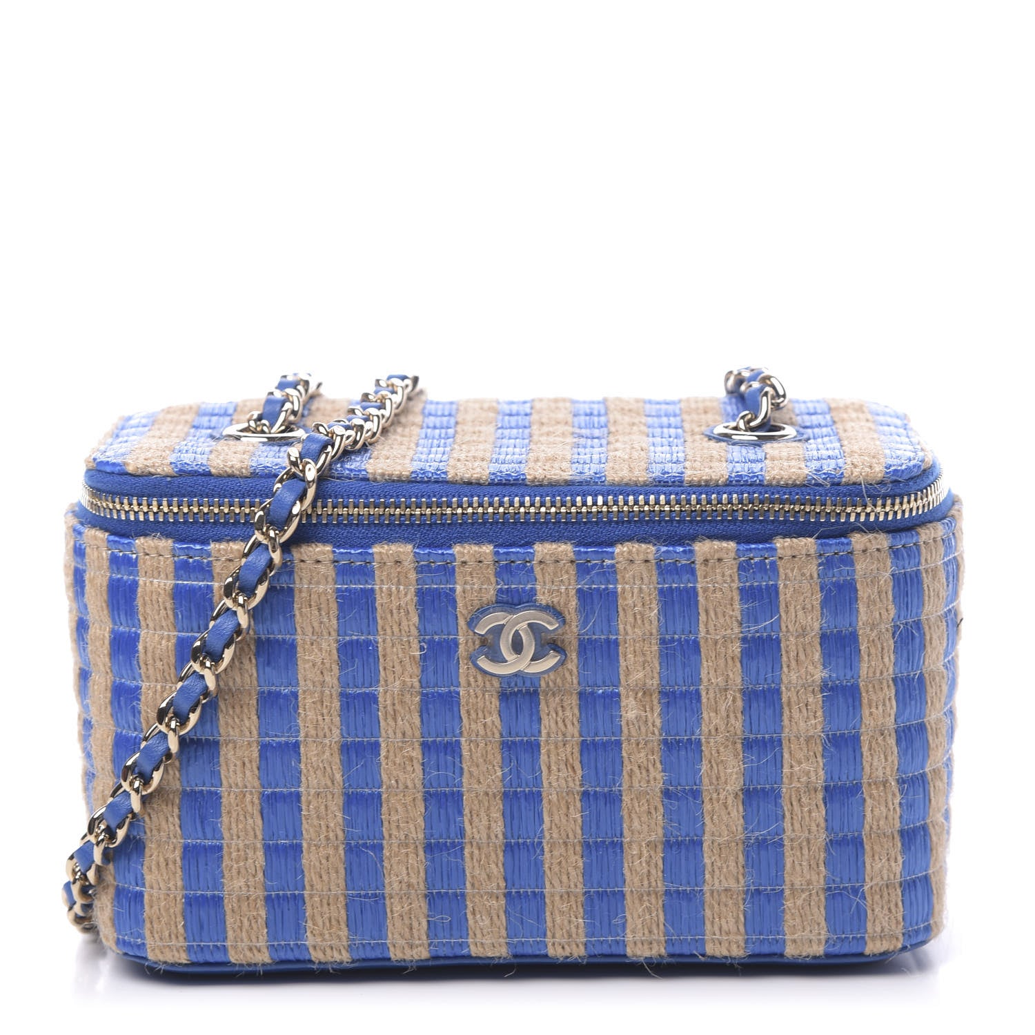 Chanel Raffia Jute Striped Small Vanity Case With Chain Blue Beige 1 of 11