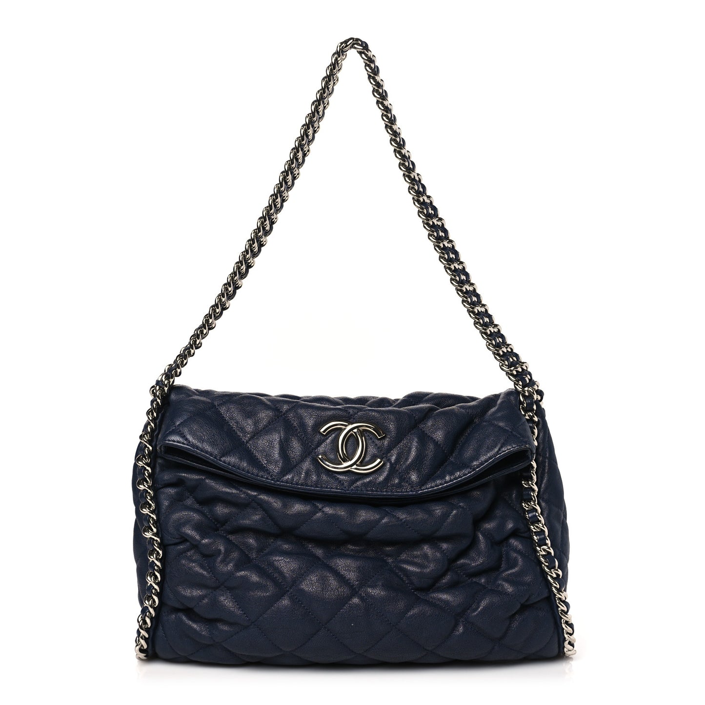 Washed Lambskin Chain Around Hobo Navy Blue