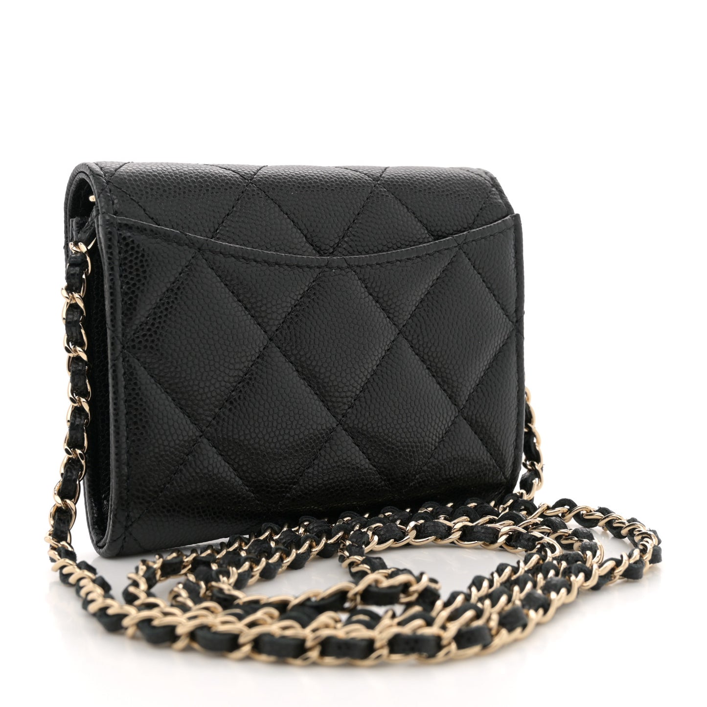 Caviar Quilted Flap Card Holder On Chain Black