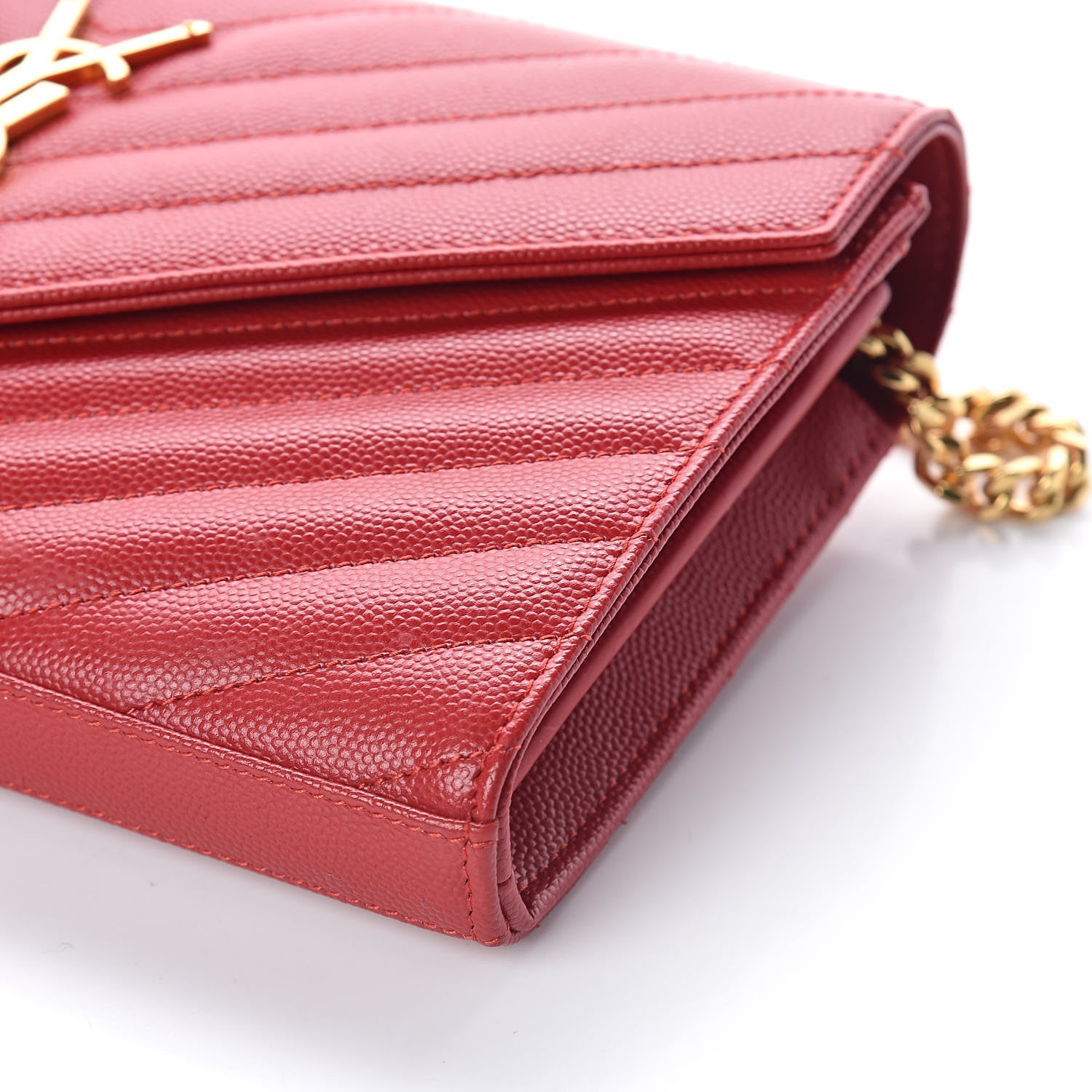 Saint Laurent Grain De Poudre Matelasse Chevron Monogram Chain Wallet New Red 9 of 9