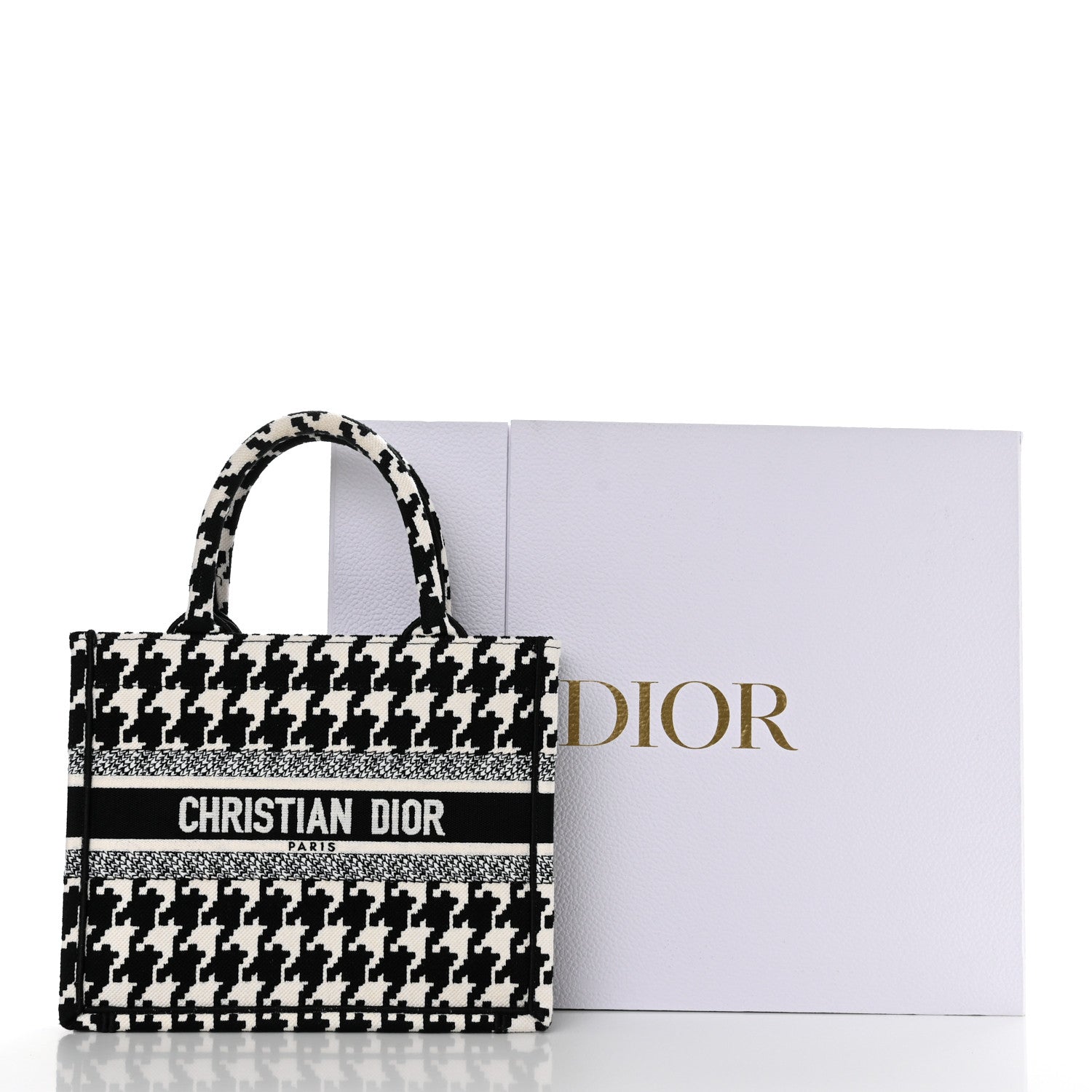 Christian Dior Canvas Houndstooth Embroidered Small Book Tote Black White 11 of 11