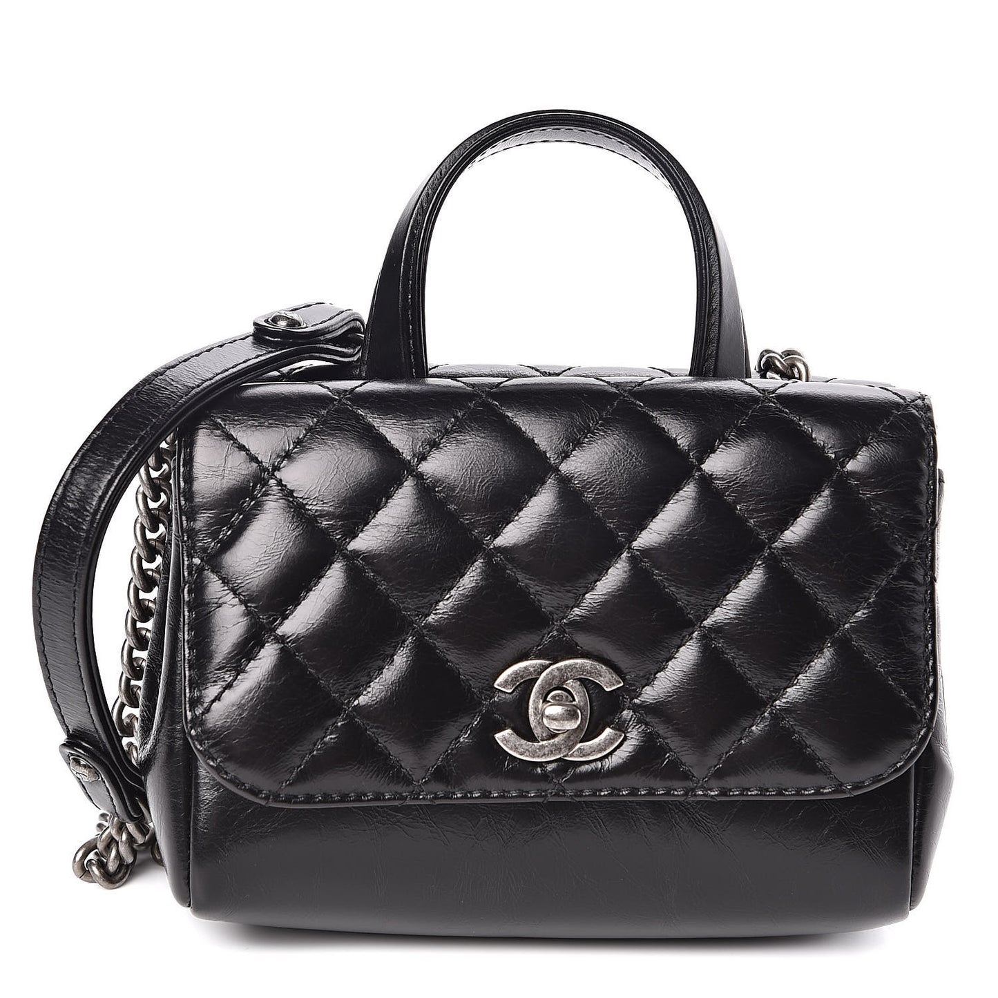 Aged Calfskin Quilted Double Sided Flap Black