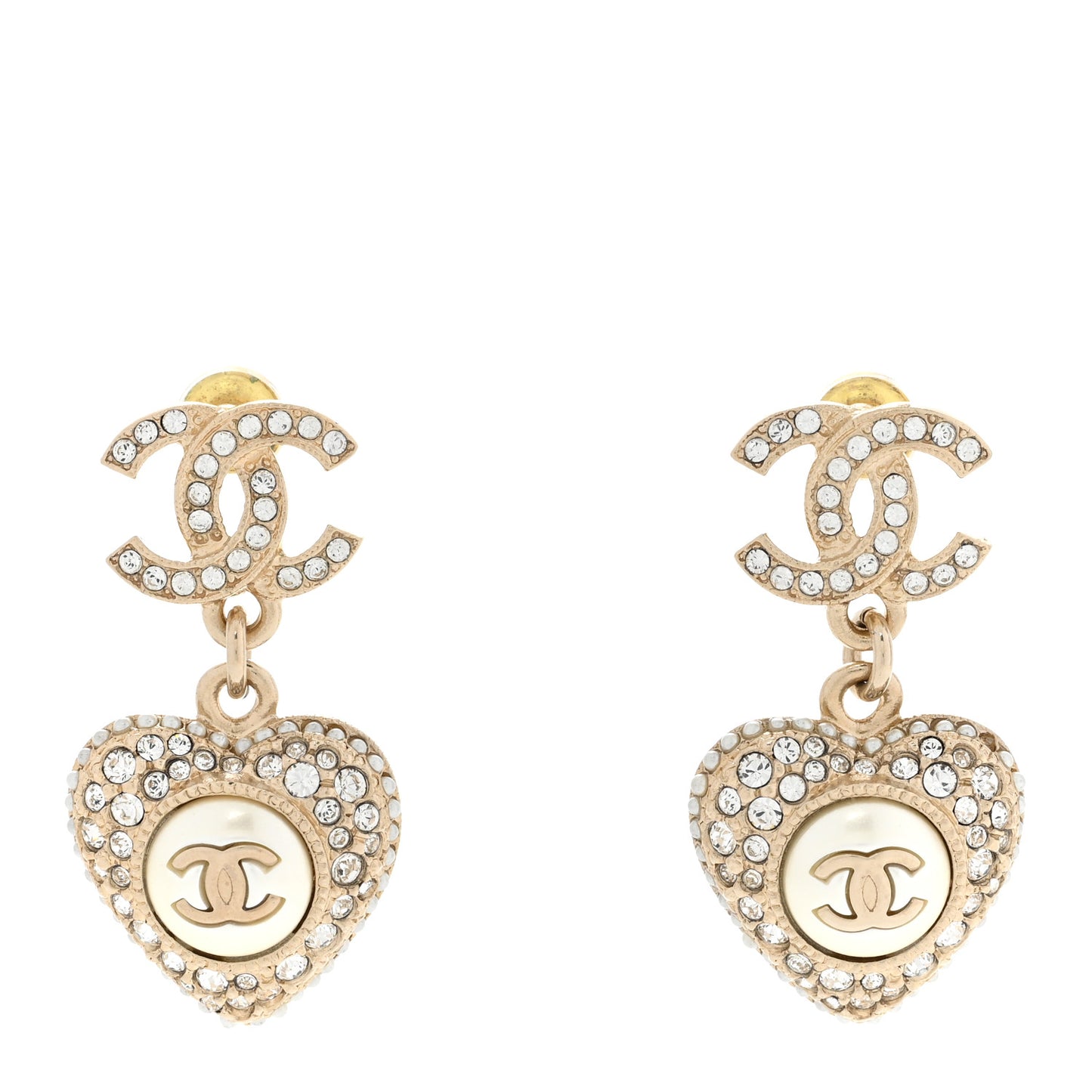 Pearl Crystal CC Heart Drop Earrings Gold White