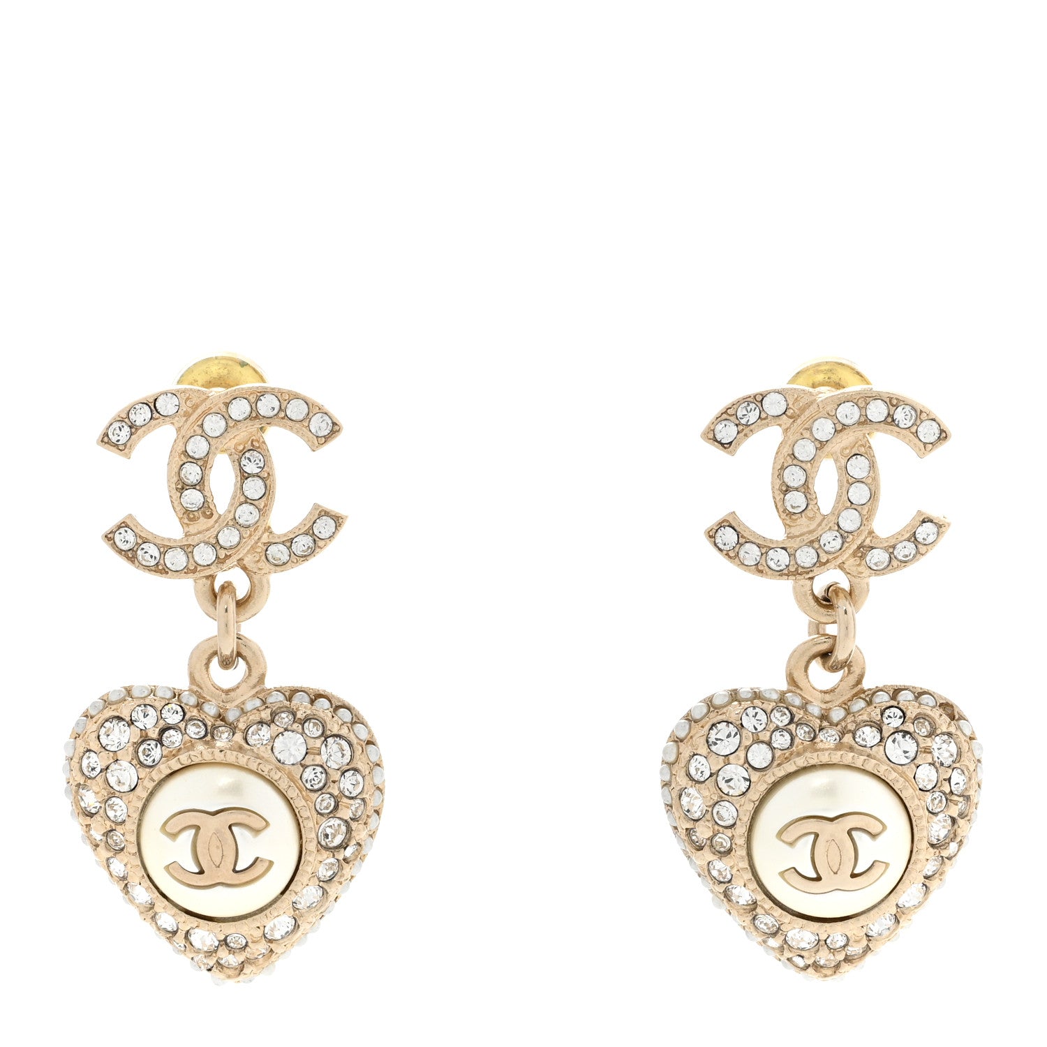 Chanel Pearl Crystal CC Heart Drop Earrings Gold White 1 of 5
