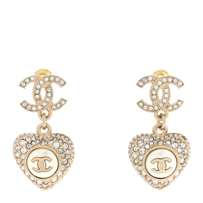 Chanel Pearl Crystal CC Heart Drop Earrings Gold White 1 of 5