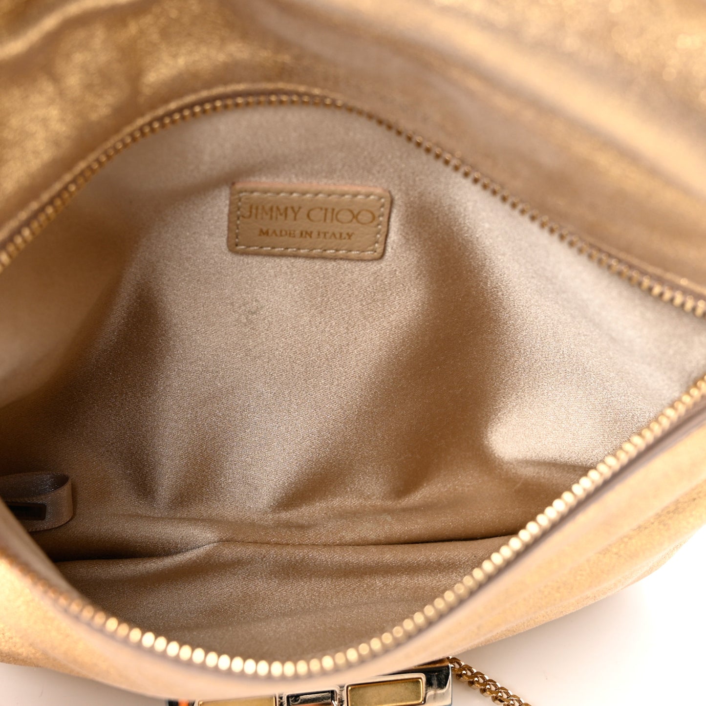 Shimmery Sheepskin Crystal Chandra Chain Clutch Gold