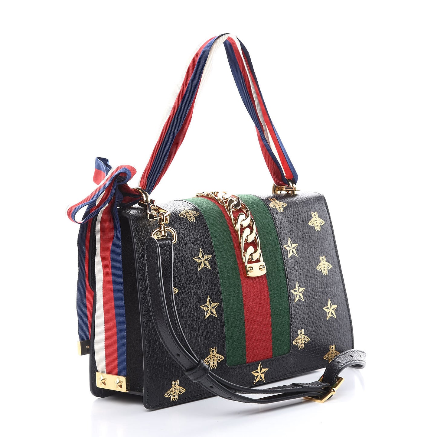 Textured Calfskin Bee Star Print Small Sylvie Shoulder Bag Black