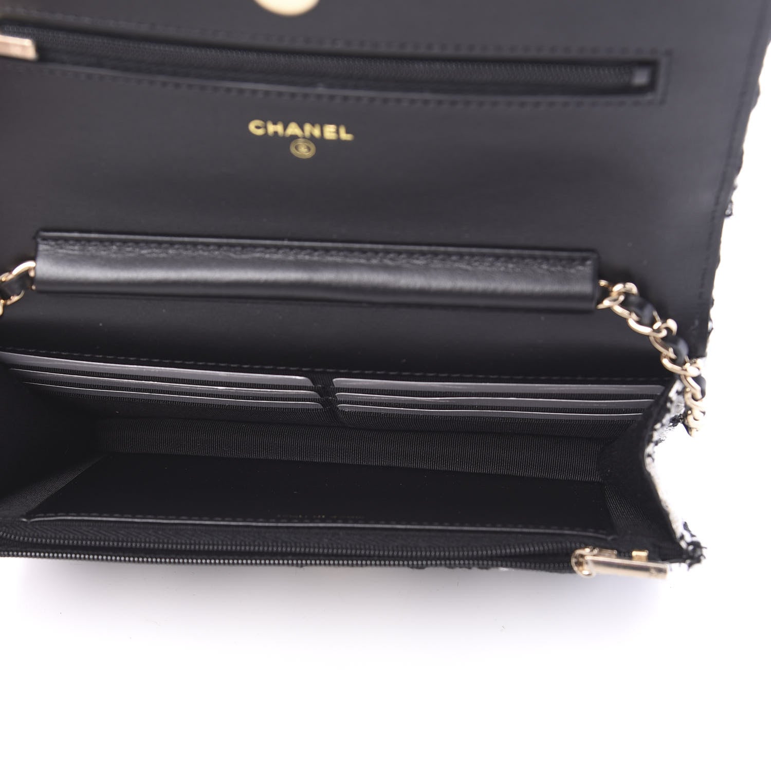 Chanel Tweed Quilted Wallet On Chain WOC Black Ecru White 4 of 11