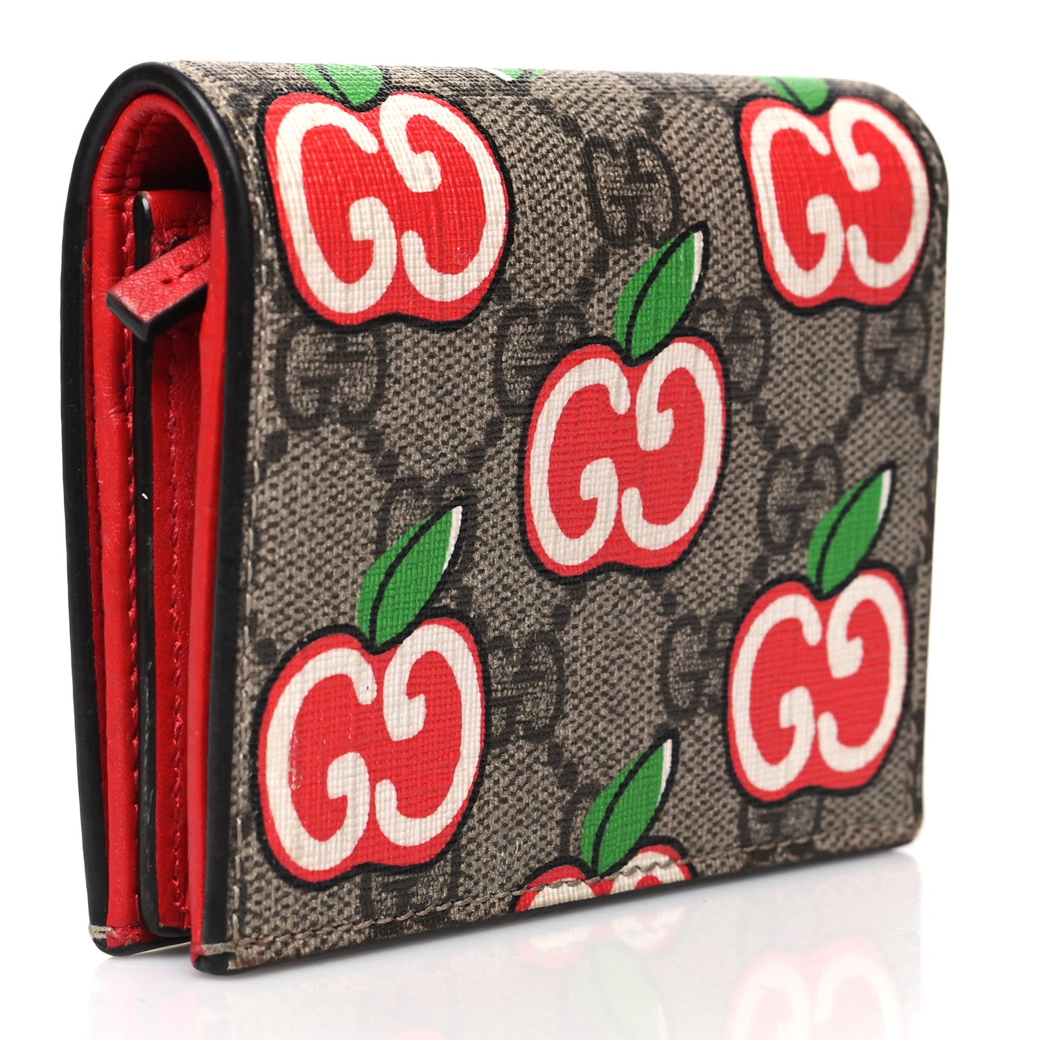 Gucci GG Supreme Monogram Apple Card Case Wallet Beige Multicolor Lobster Red 3 of 11
