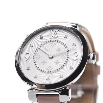 Louis Vuitton Stainless Steel Alligator Diamond 33mm Tambour Slim Quartz Watch 7 of 8