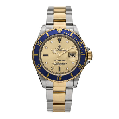 Rolex Stainless Steel 18K Yellow Gold Diamond Blue Sapphire 40mm Submariner Date Watch Champagne 16613 1 of 5