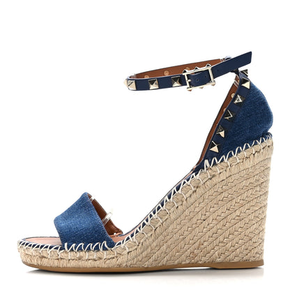 Valentino Garavani Denim Rockstud Ankle Strap Espadrille 15/105mm Wedge Sandals 37 Light Denim 1 of 7