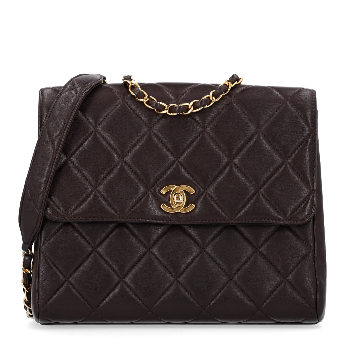 Lambskin Quilted Medium Single Flap Dark Brown