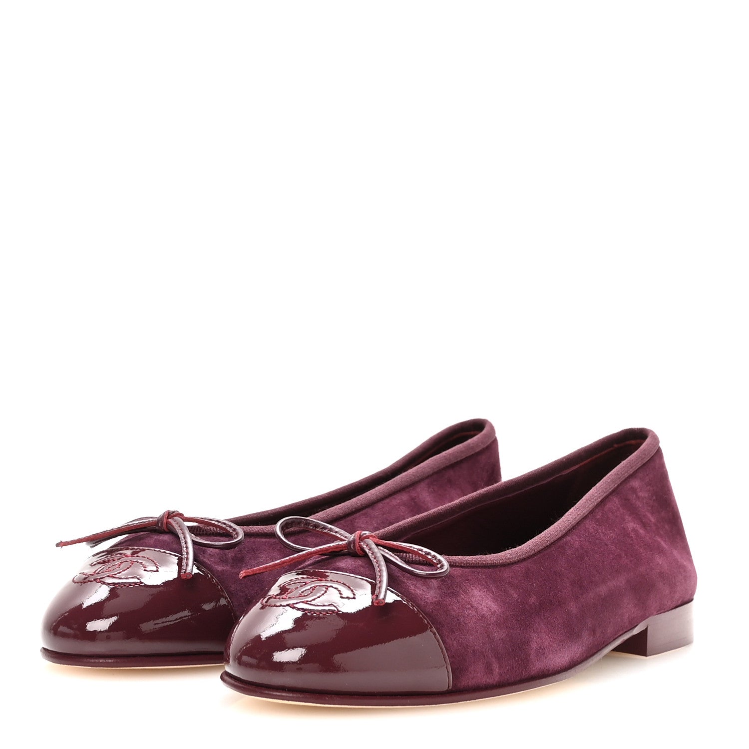 Chanel Suede Patent Calfskin Cap Toe CC Ballerina Flats 37 Burgundy 4 of 9