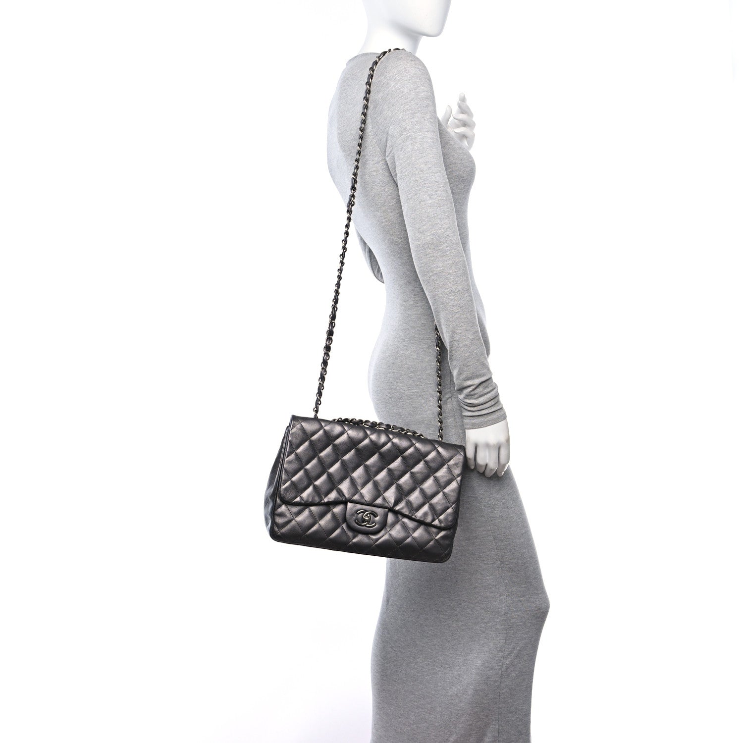 Chanel Metallic Lambskin Quilted Jumbo Single Flap Dark Grey 2 of 12