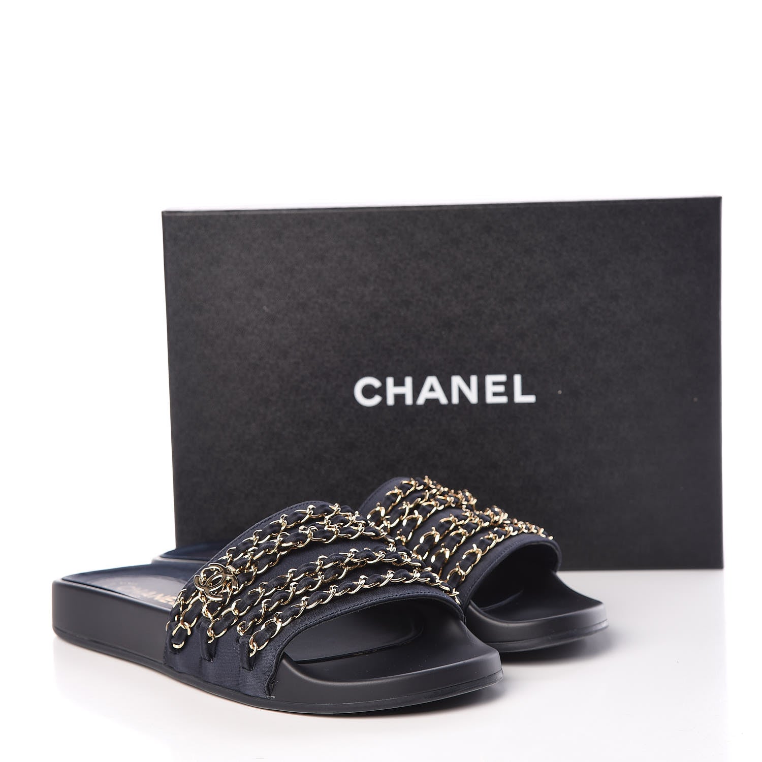 Chanel Satin Canvas Chain Flat Sandals 41 Marine 12 of 12