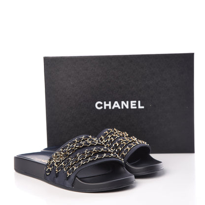 Chanel Satin Canvas Chain Flat Sandals 41 Marine 12 of 12