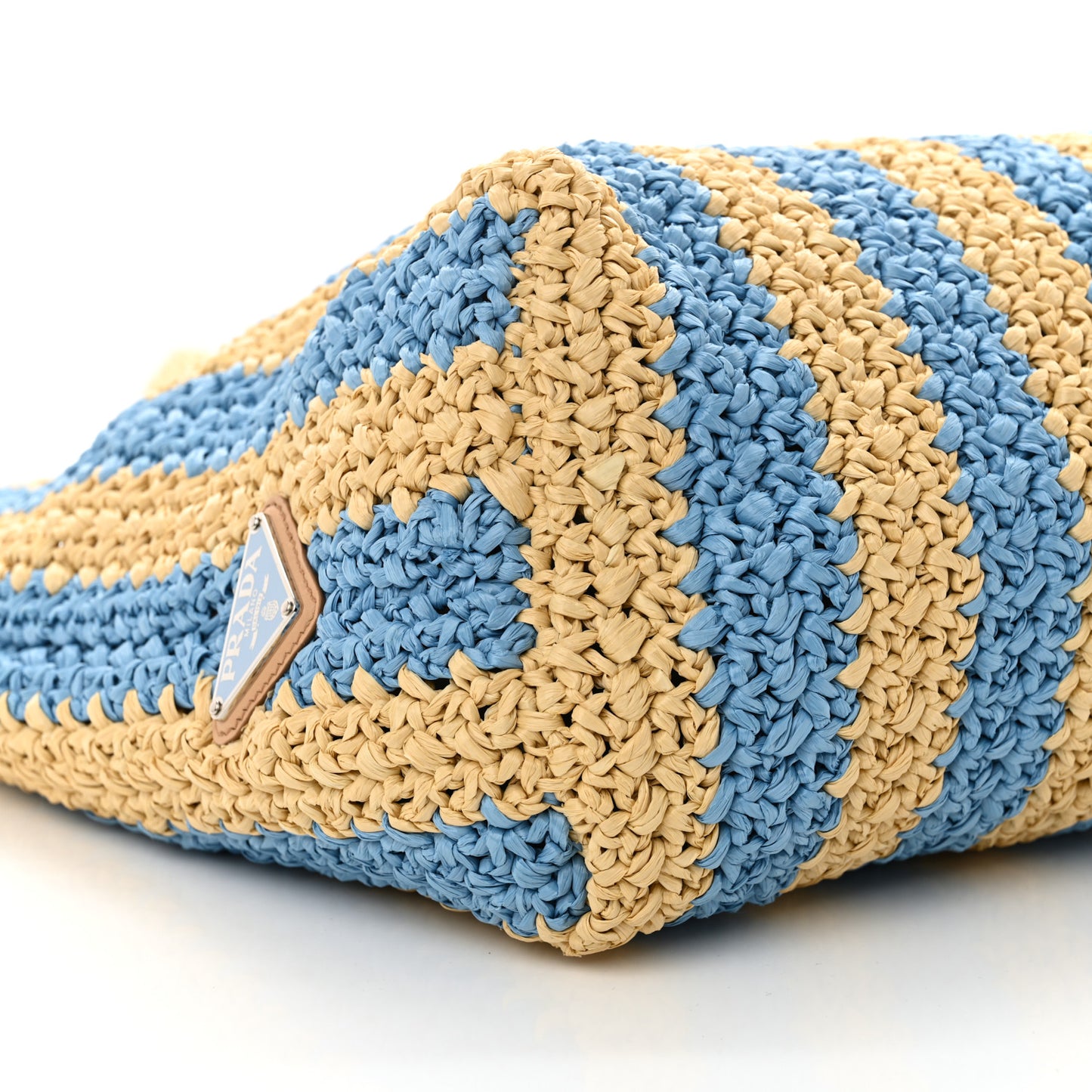 Yarn Raffia Effect Crochet Striped Large Logo Tote Naturale Celeste