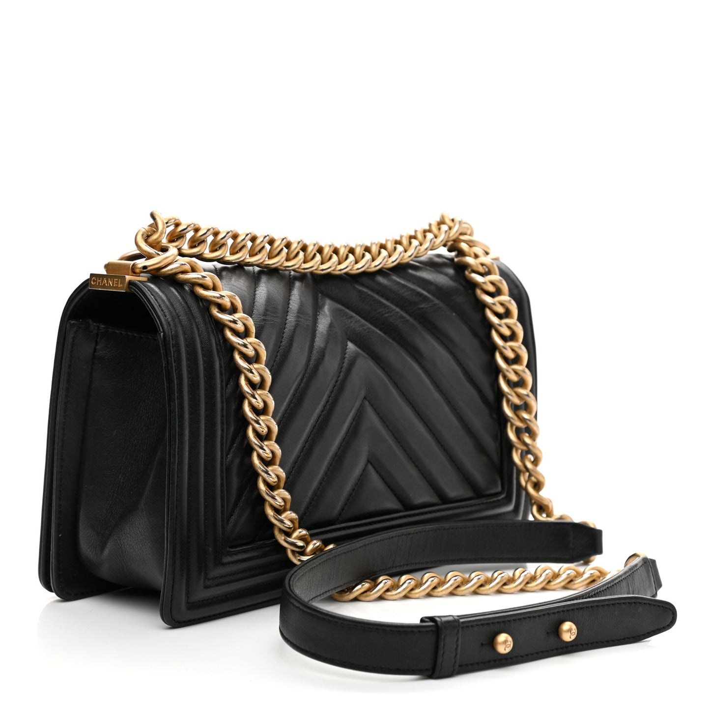 Calfskin Chevron Quilted Medium Boy Flap Black