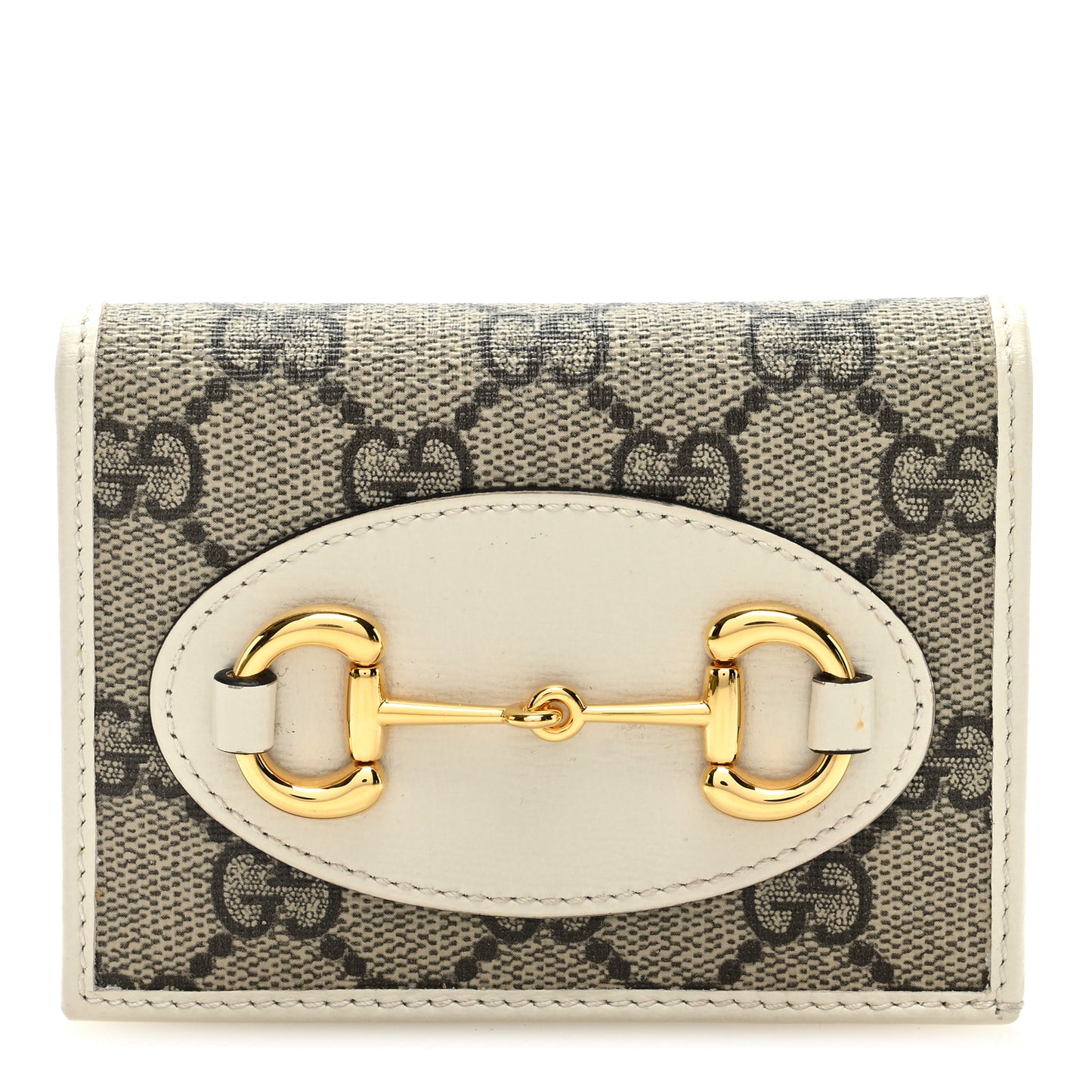 GG Supreme Monogram Azalea Calfskin Horsebit 1955 Card Case Wallet Beige Ebony Mystic White