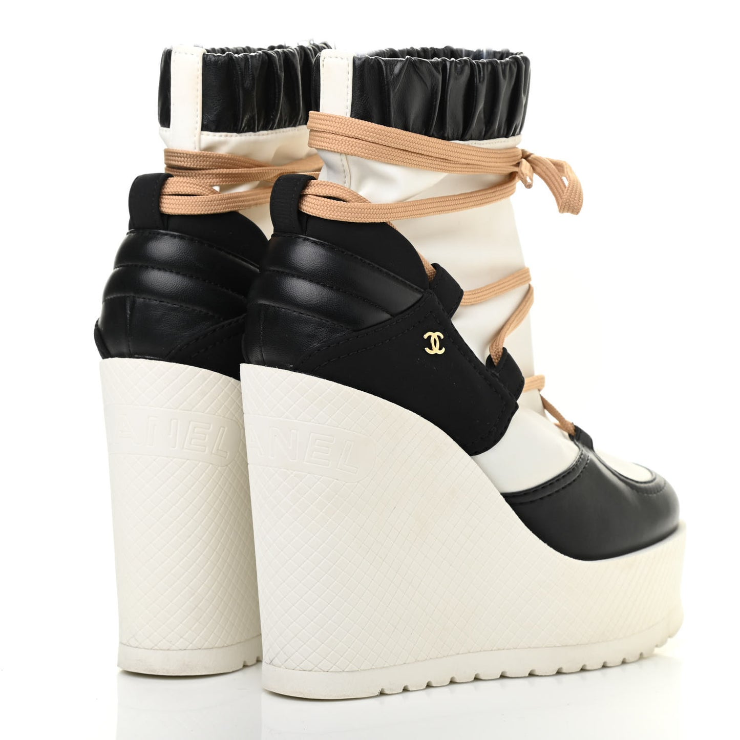 Patent Calfskin Runway Wedge Short Platform Boots 37 Black White Beige