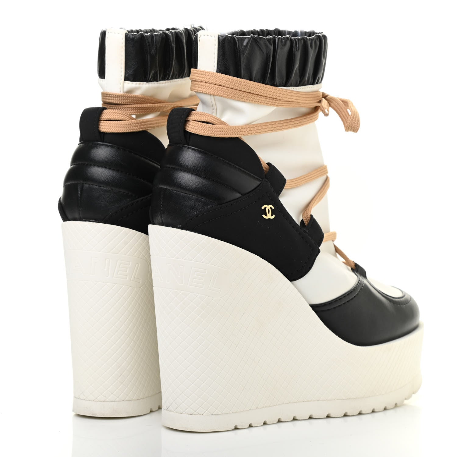 Chanel Patent Calfskin Runway Wedge Short Platform Boots 37 Black White Beige 4 of 7