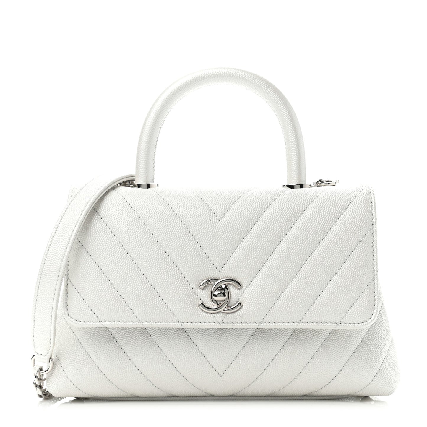 Iridescent Caviar Chevron Quilted Mini Coco Handle Flap White