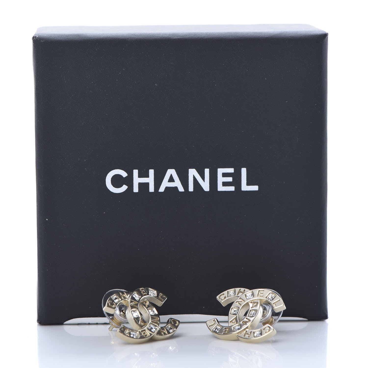 Chanel Crystal Metal CC Paris Button Stud Earrings Gold 5 of 5