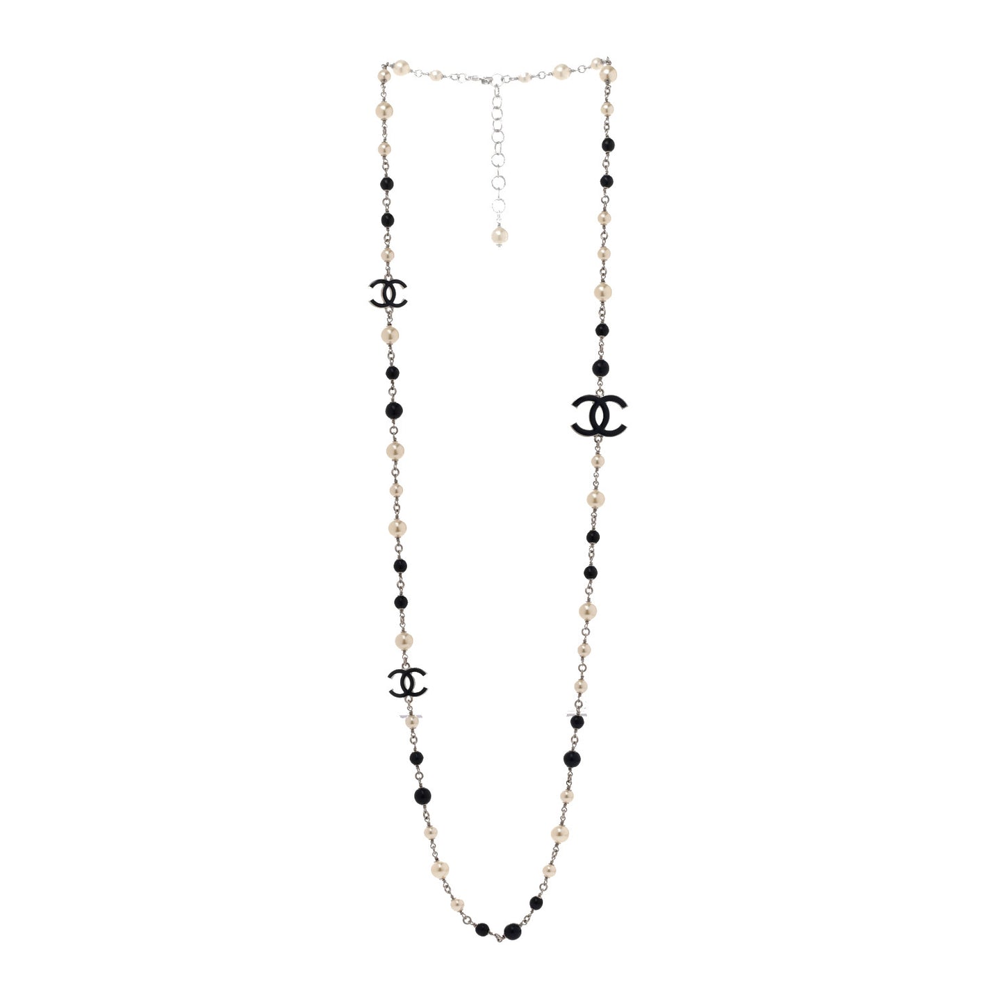 Pearl Beaded Enamel CC Long Necklace Blue Silver