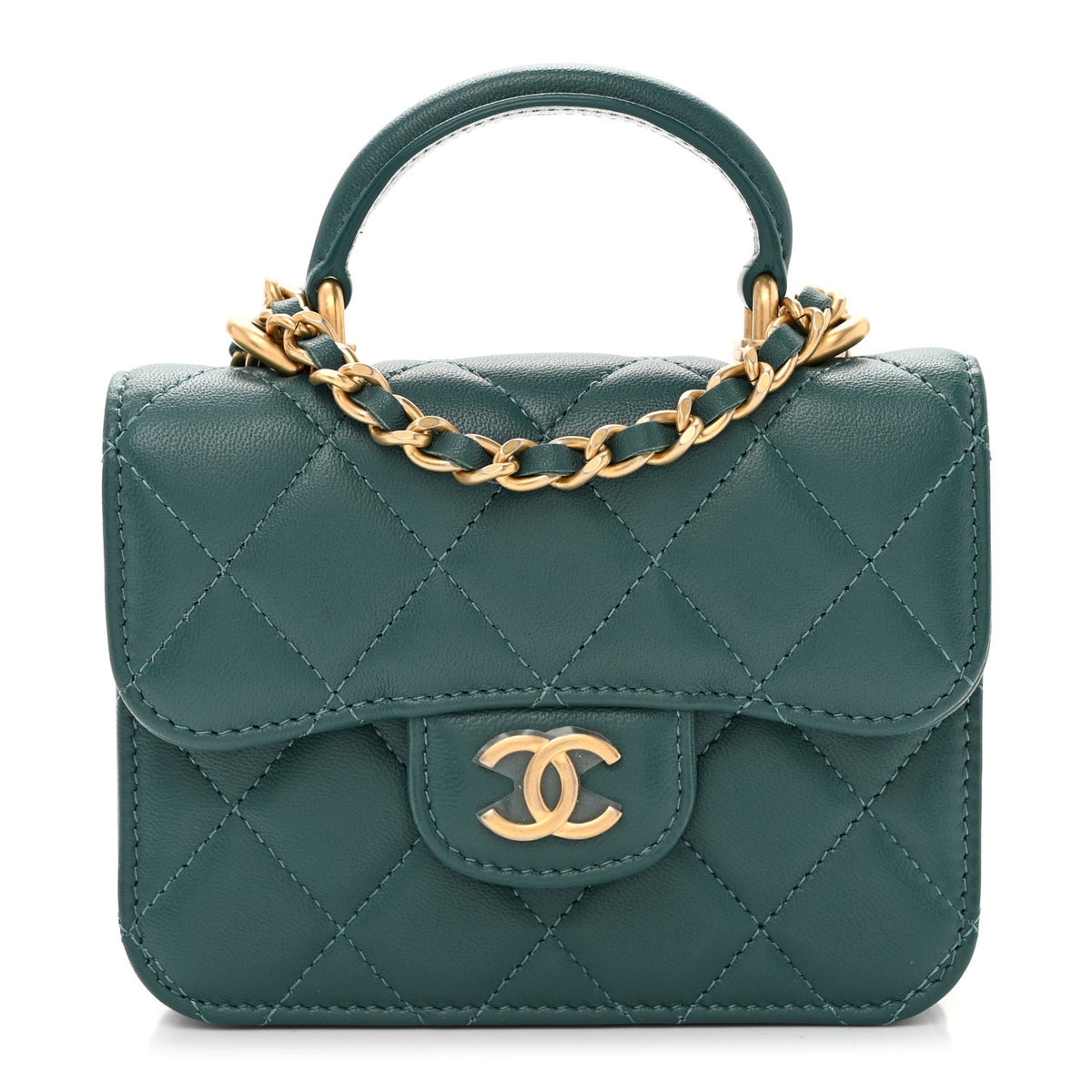 Lambskin Quilted Top Handle Flap Coin Purse With Chain Green