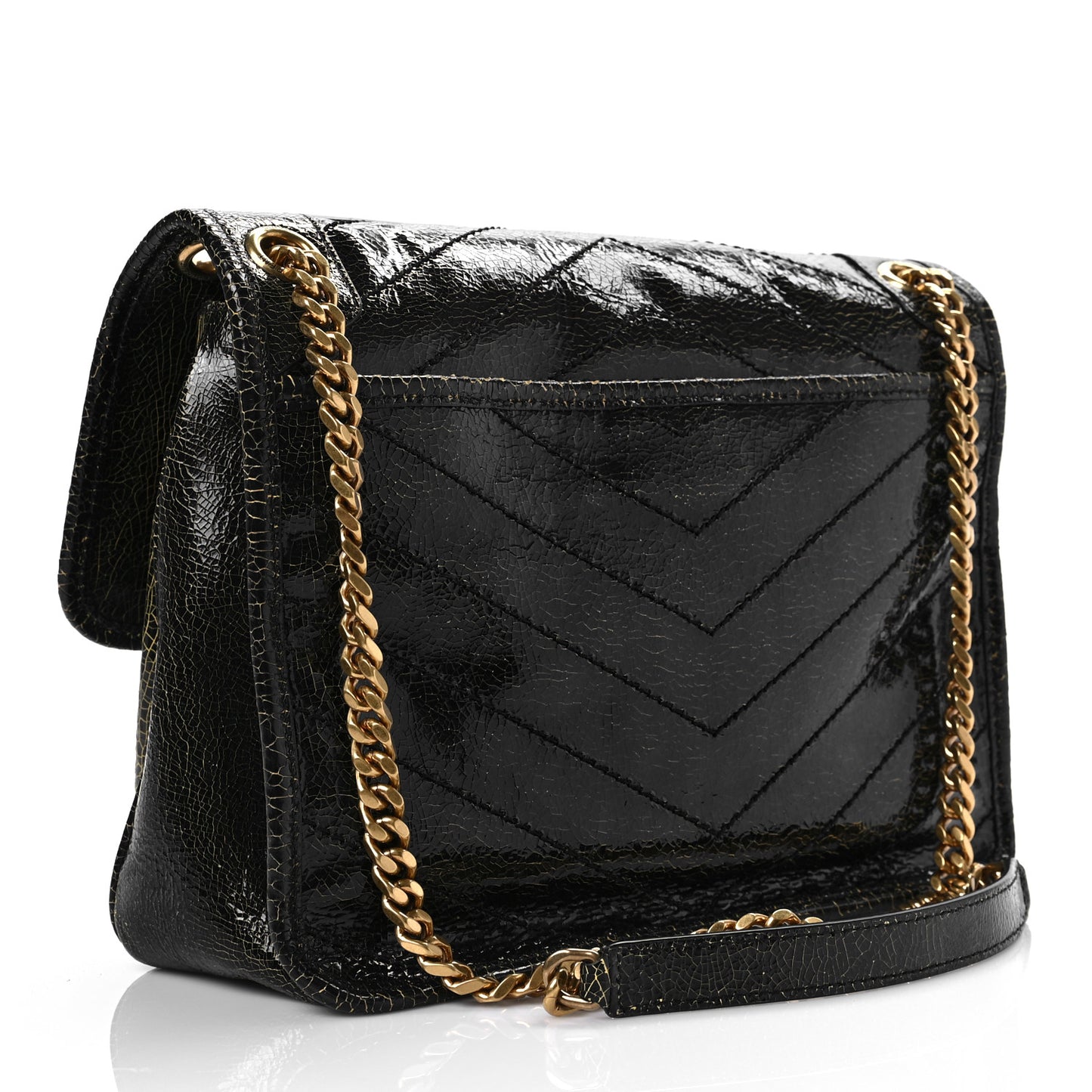Crinkled Calfskin Matelasse Monogram Medium Niki Chain Satchel Black Ocra