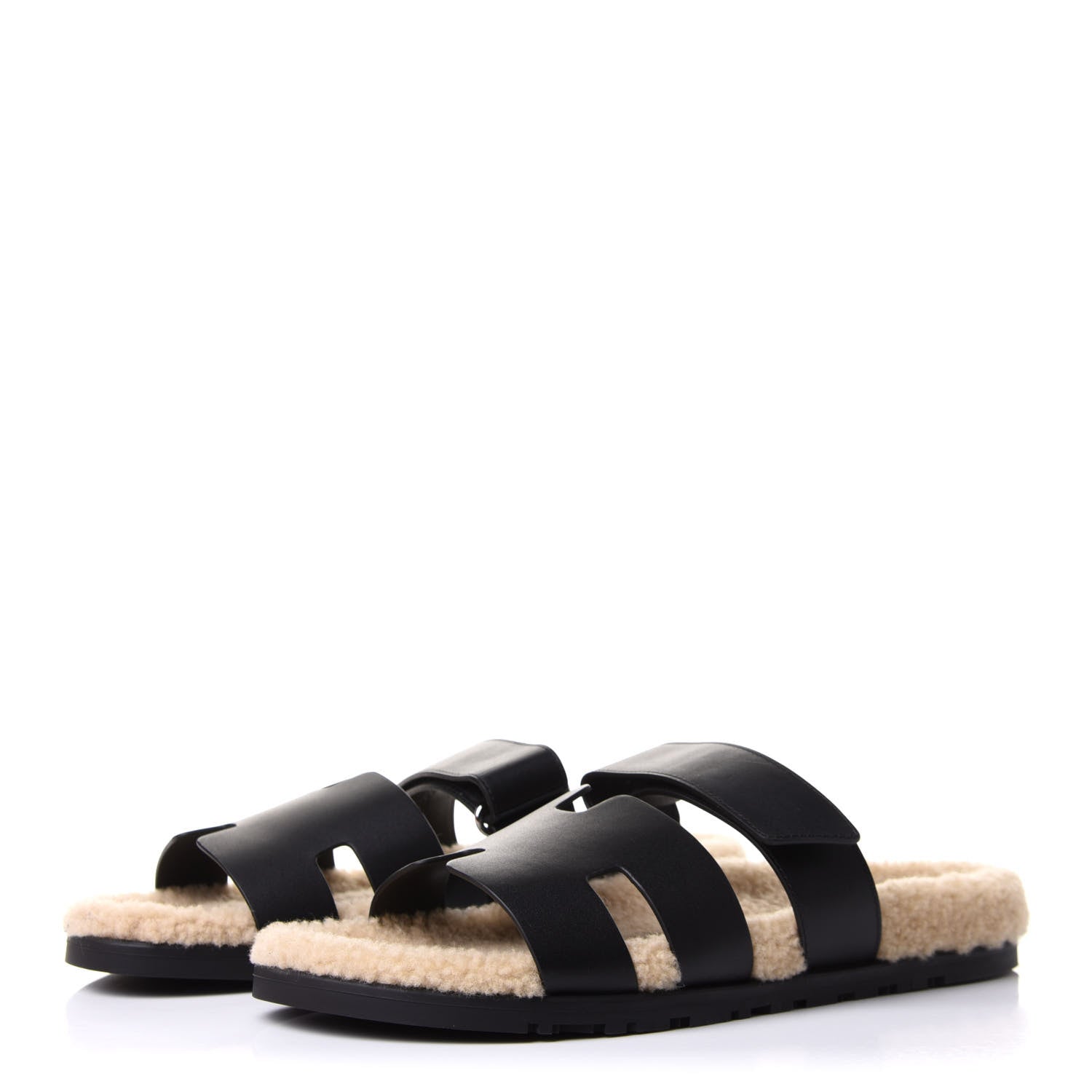 Hermes Calfskin Woolskin Mens Chypre Sandals 42.5 Black Ecru 3 of 10