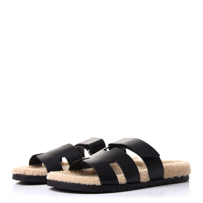 Hermes Calfskin Woolskin Mens Chypre Sandals 42.5 Black Ecru 3 of 10