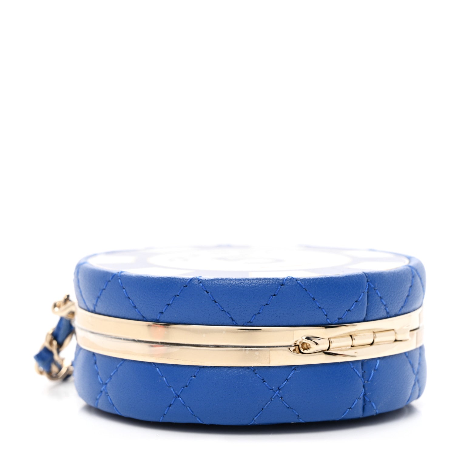 Chanel Lambskin Enamel Quilted Round Poker Chip Clutch With Chain