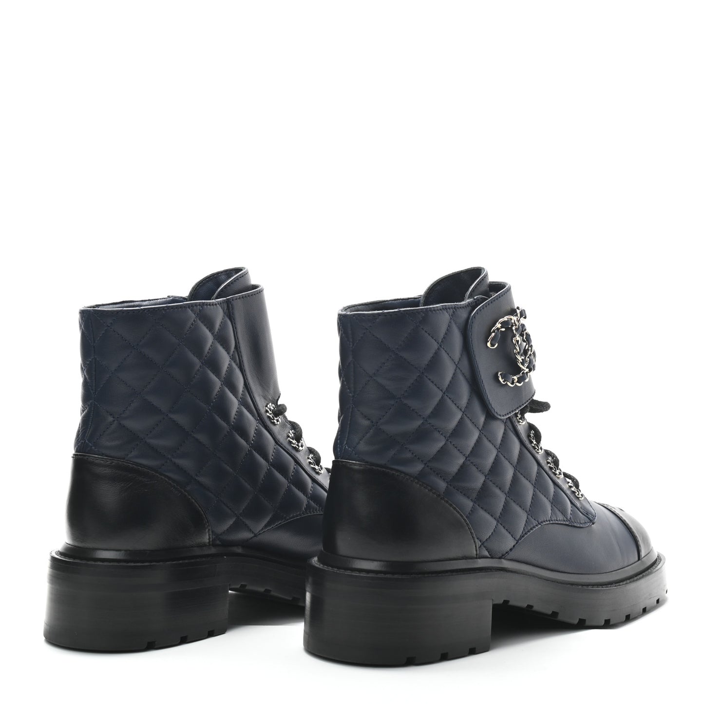 Lambskin Calfskin Quilted Lace Up Combat Boots 39 Navy Black