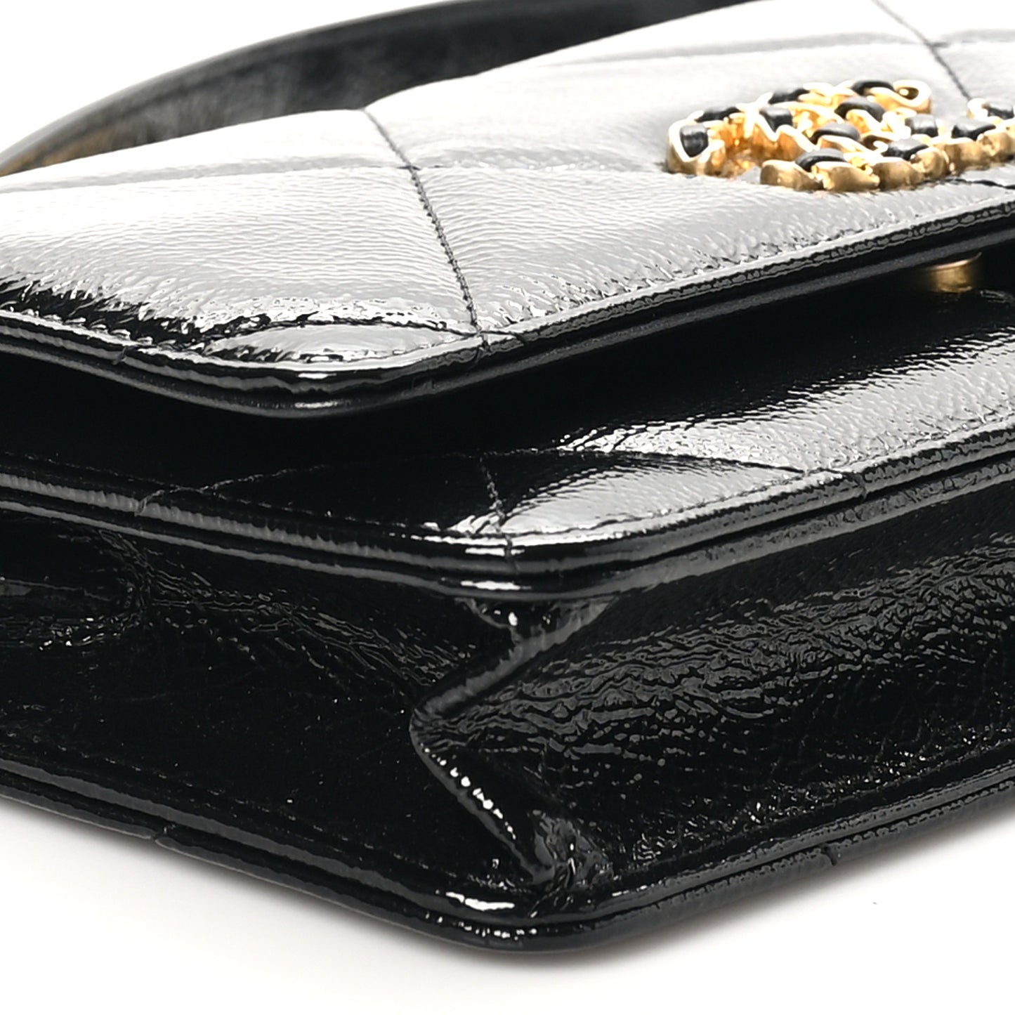 Shiny Crumpled Calfskin Quilted Chanel 19 Wallet On Chain WOC Black