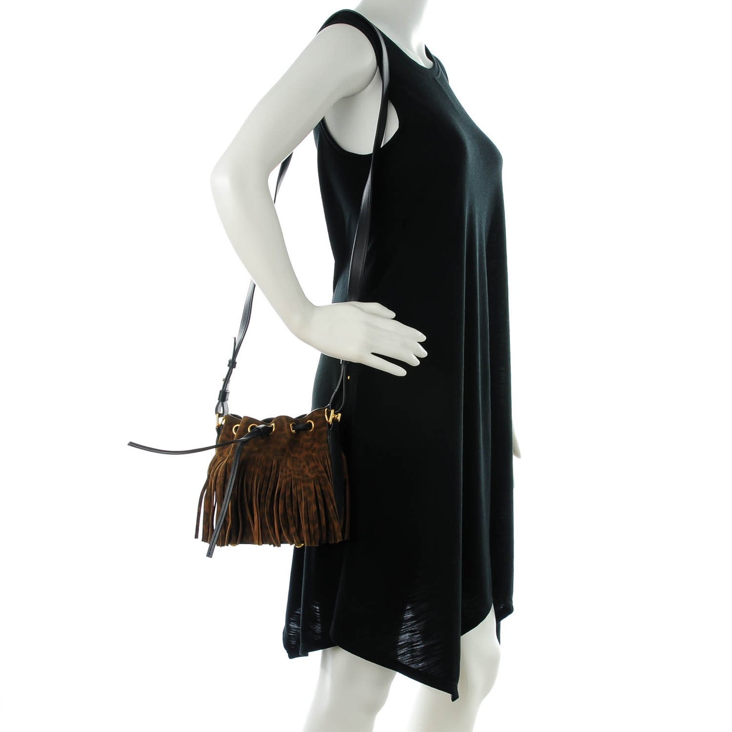 Suede Leopard Small Emmanuelle Fringe Bucket Bag Tan Black