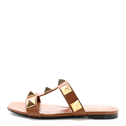 Valentino Garavani Calfskin Roman Stud Flat Slide Sandals 36 Saddle 1 of 9