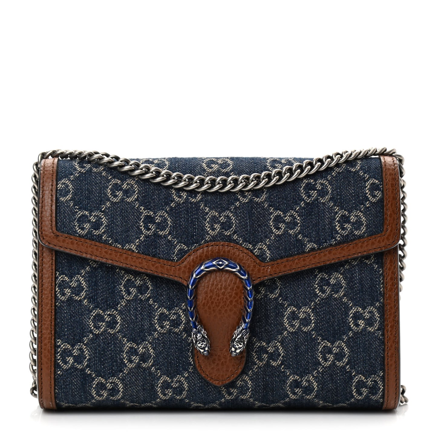 New Denim GG Monogram Dollar Calfskin Enamel Mini Dionysus Chain Wallet Blue Tea Cuir Epilog Electric Blue
