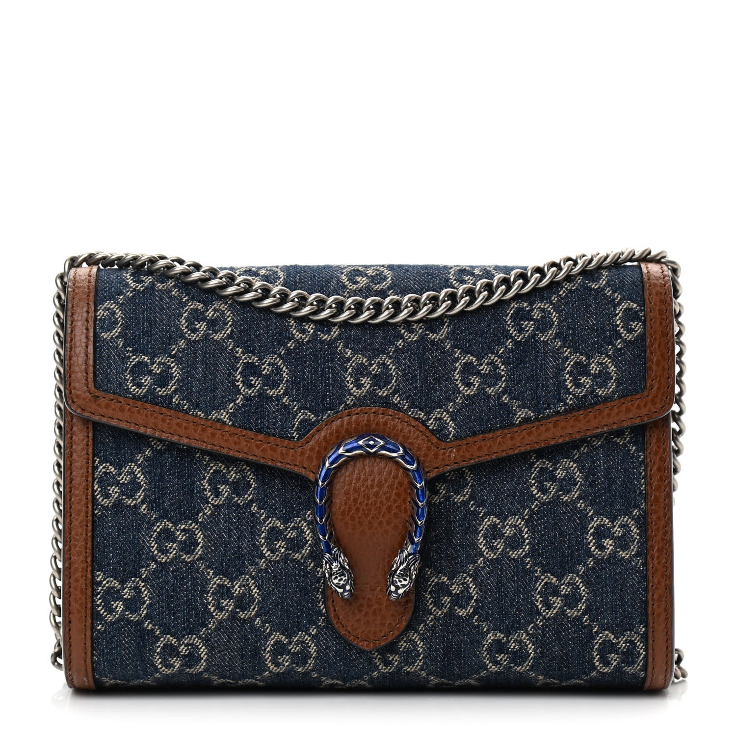 Gucci New Denim GG Monogram Dollar Calfskin Enamel Mini Dionysus Chain Wallet Blue Tea Cuir Epilog Electric Blue 1 of 13