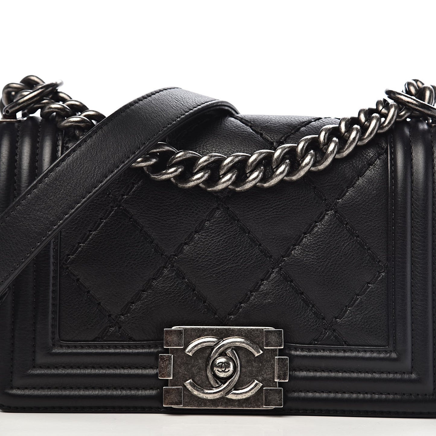 Calfskin Double Stitch Small Boy Flap Black