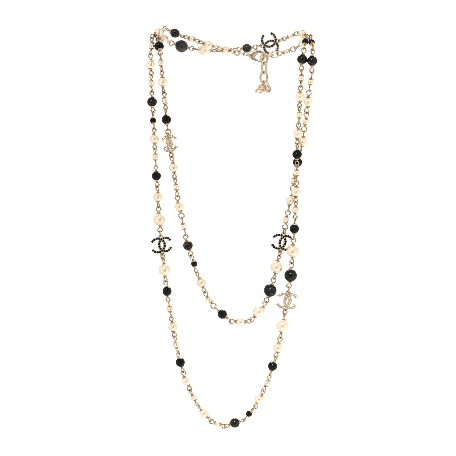 Chanel Pearl Crystal Bead CC Long Necklace Black White Gold 3 of 4