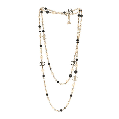 Chanel Pearl Crystal Bead CC Long Necklace Black White Gold 3 of 4