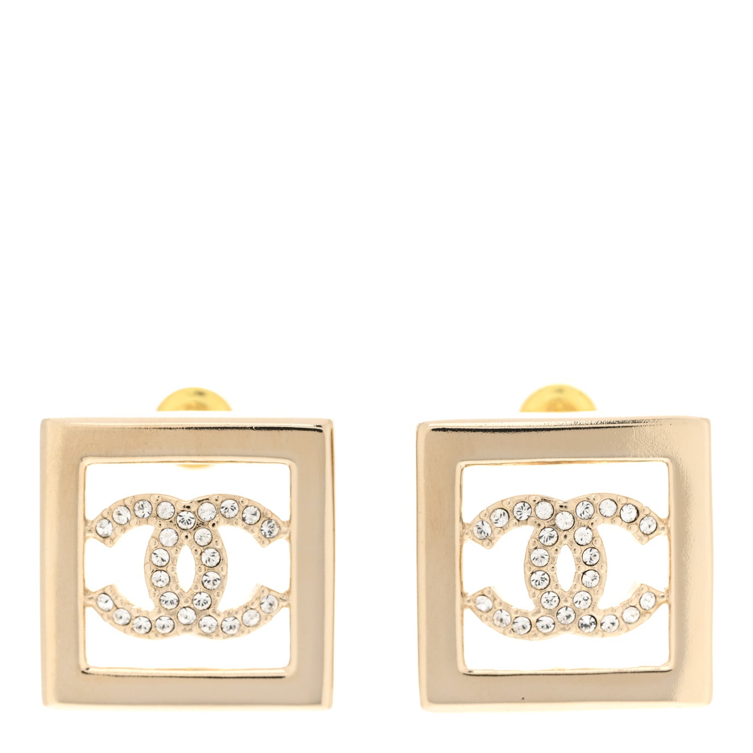 Chanel Metal Crystal Square CC Earrings Gold 1 of 5