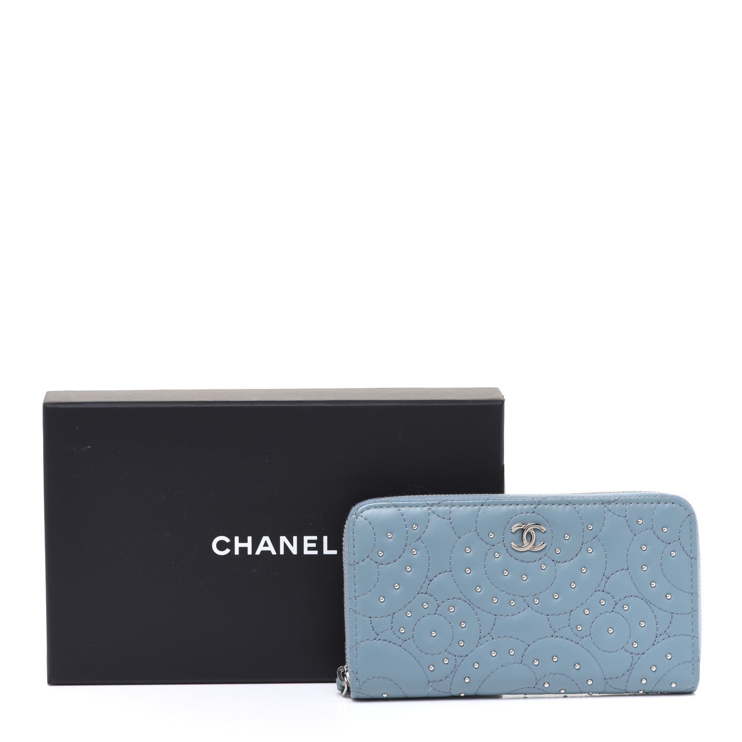 Chanel Lambskin Camellia Embossed Studded Medium Zip Around Blue 9 of 9