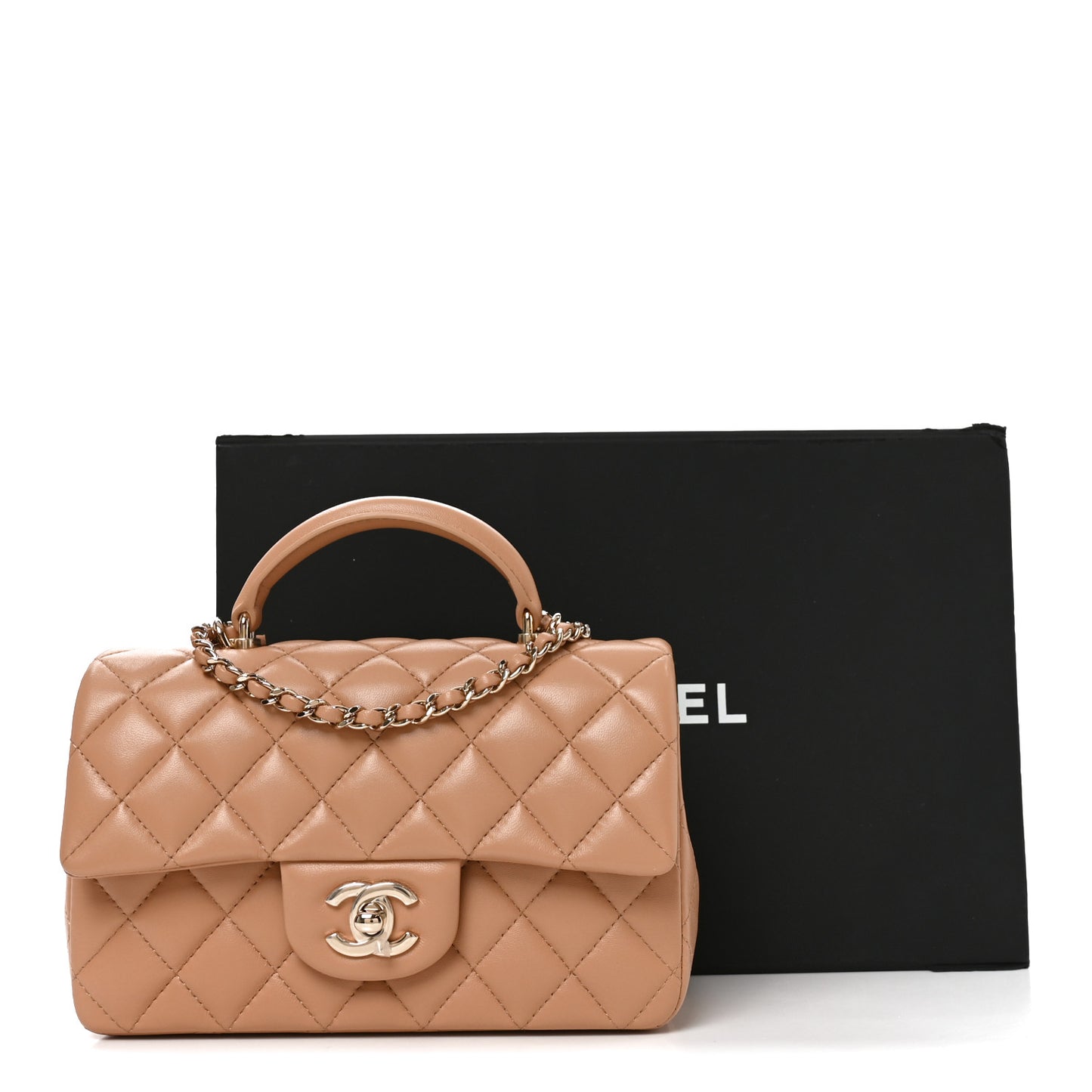 Lambskin Quilted Mini Top Handle Rectangular Flap Dark Beige