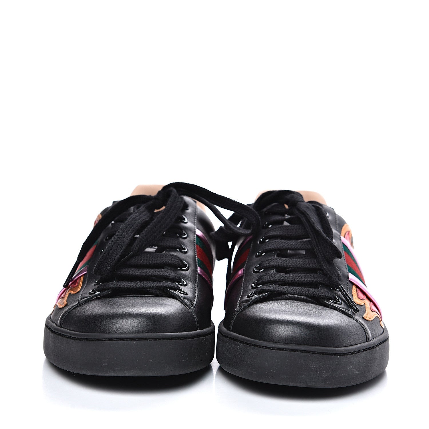 Gucci Calfskin Ayers Web Flames Embroidered Mens Ace Sneakers 7 Black 2 of 9