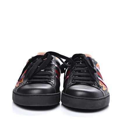 Gucci Calfskin Ayers Web Flames Embroidered Mens Ace Sneakers 7 Black 2 of 9