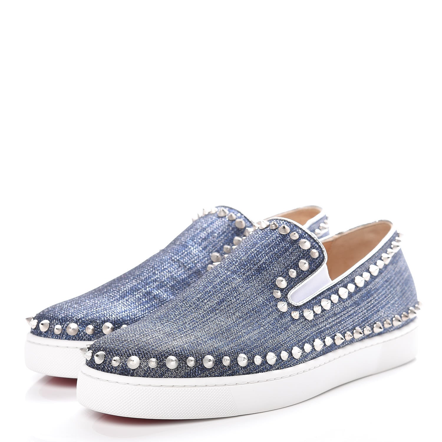 Christian Louboutin Lame Lux Mens Spikes Pik Boat Flat 43 Denim Silver 3 of 8